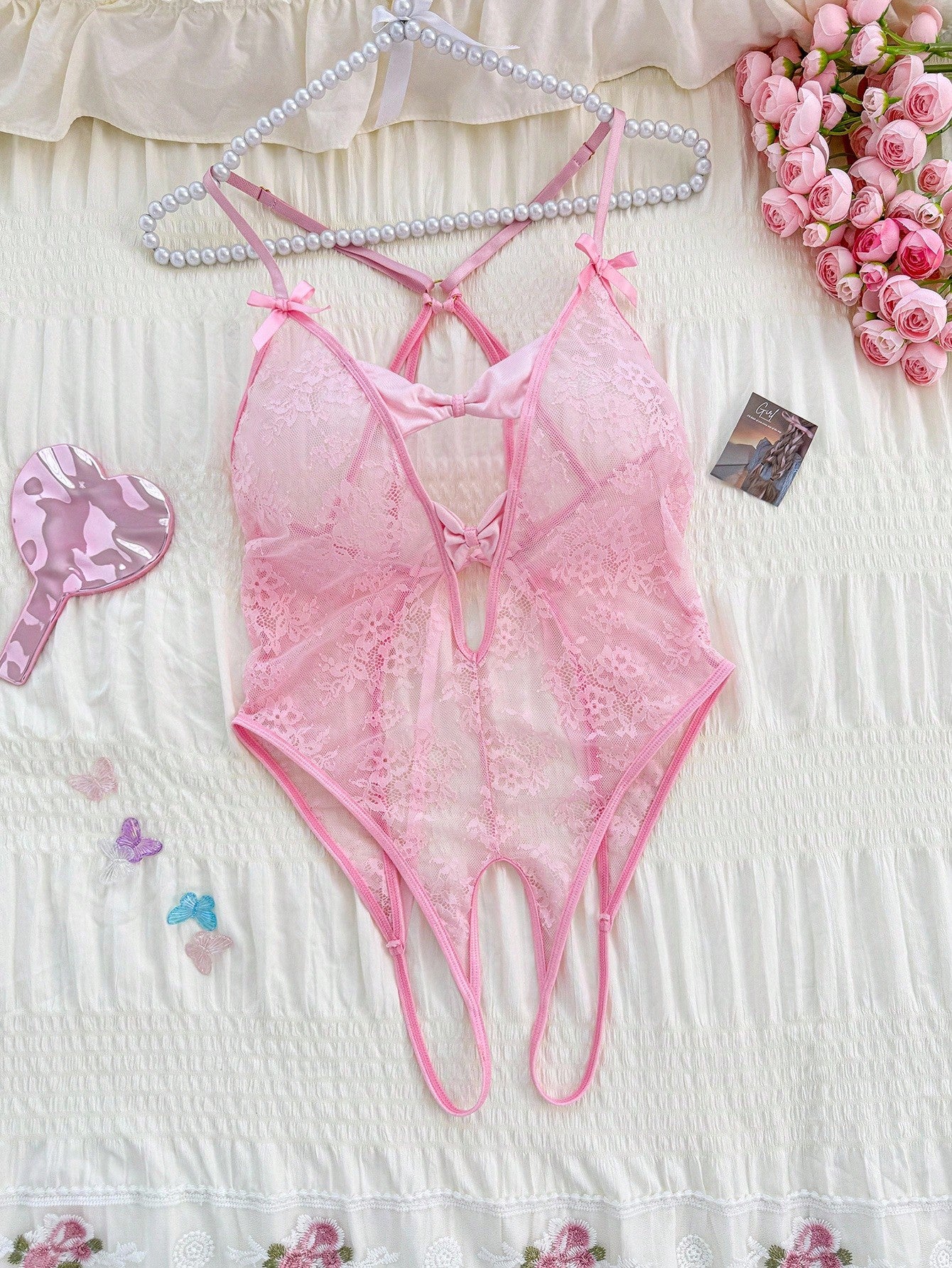 Lace Bow Decor Backless Crotchless Sexy Bodysuit
