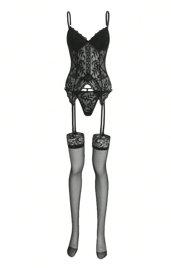 Floral Lace Underwire Garter Corset Lingerie Set with Stockings