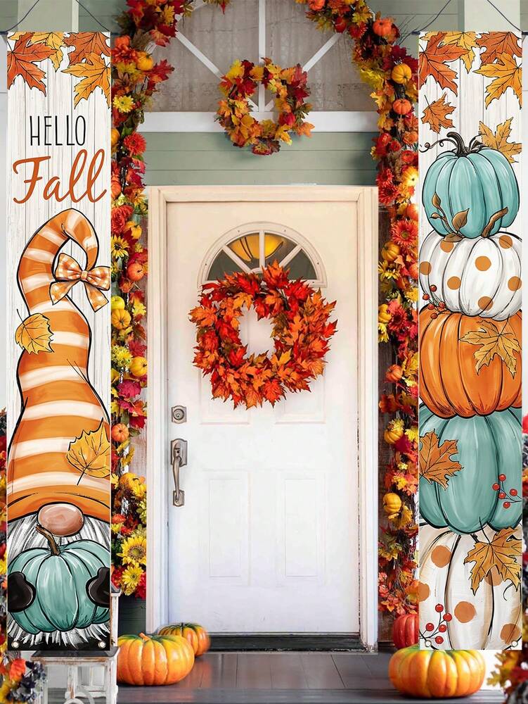 Thanksgiving Pumpkin Gnome Door Banner Set, 30x180cm Polyester Hanging Porch Sign, Autumn Harvest Decoration for Farmhouse Indoor & Outdoor Display