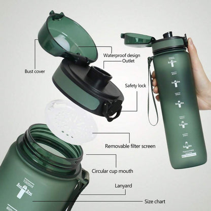 34oz Sports Water Bottle with Time Marker & Carry Strap, Leak-Proof Large Capacity Reusable Bottle for Gym, School, Biking & Outdoor Fitness (1pc)