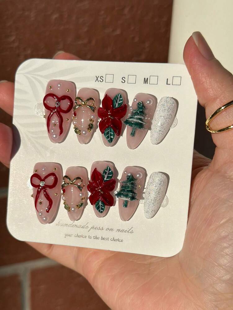 10pcs Christmas Nail Stickers With 3D Floral & Tree Design, Red And Green Glitter Nail Wraps, Long Lasting Press On Nails Gift Set For Women