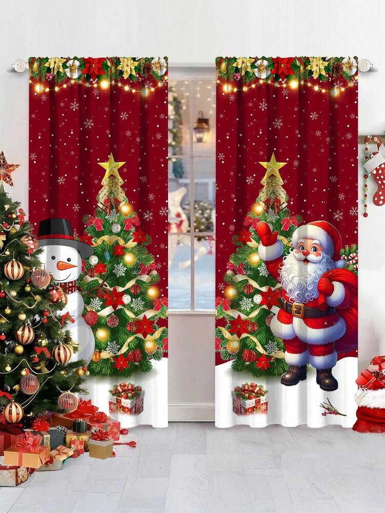 Santa Claus & Snowman Christmas Curtain Valance, 1–2 Piece Polyester Window Decor with Rod Pocket for Kitchen, Living Room or Bedroom