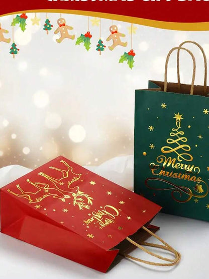 48pcs Christmas Paper Gift Bags with Handles, Red & Green Reindeer and Tree Pattern Foldable Shopping Bags for Holiday Packaging & Home Decor