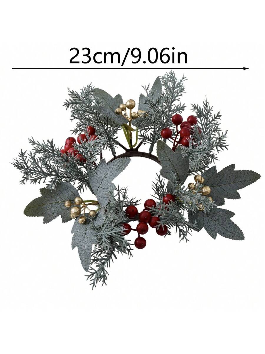 Christmas Candle Ring Holder with Red Flowers, Gold Berries & Greenery, Holiday Table Centerpiece