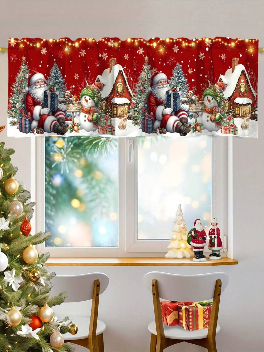 Santa Claus & Snowman Christmas Curtain Valance, 1–2 Piece Polyester Window Decor with Rod Pocket for Kitchen, Living Room or Bedroom