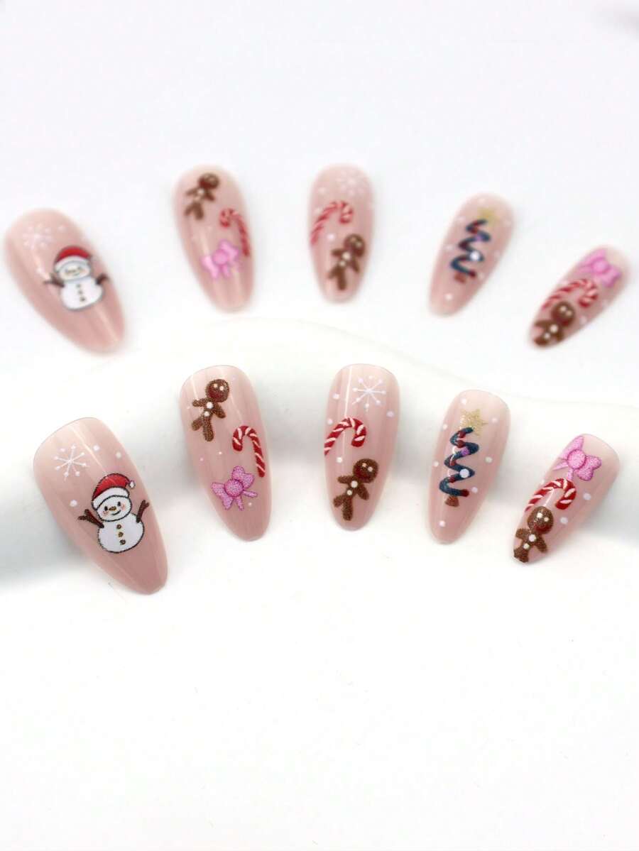 24pcs Almond Christmas Press On Nails, Red Santa Hat Short False Nails, Holiday Nail Set For Women, Office, Date, Party & Everyday Wear