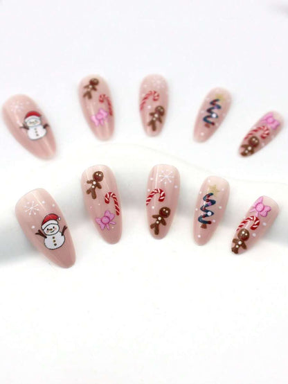 24pcs Almond Christmas Press On Nails, Red Santa Hat Short False Nails, Holiday Nail Set For Women, Office, Date, Party & Everyday Wear