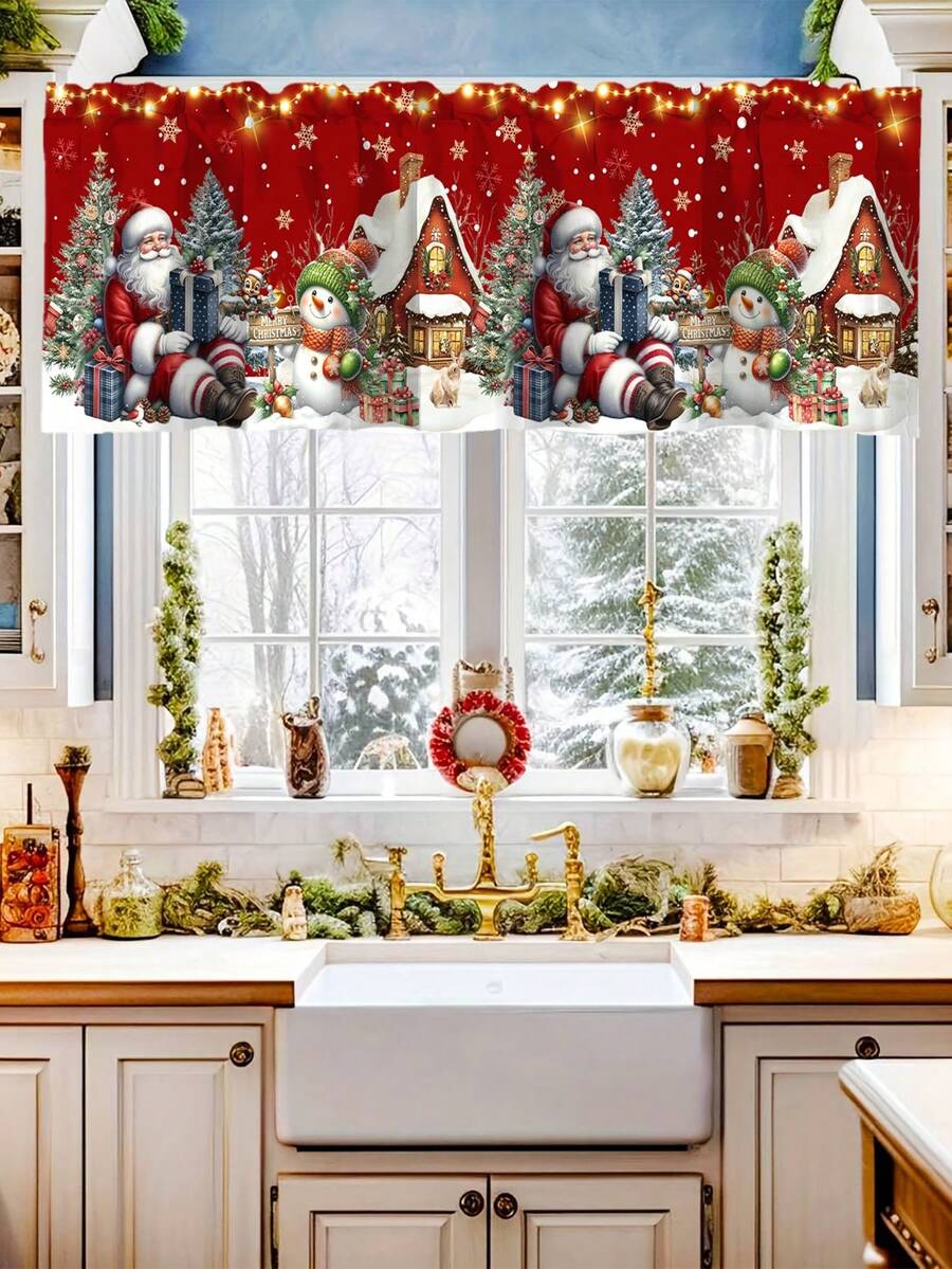 Santa Claus & Snowman Christmas Curtain Valance, 1–2 Piece Polyester Window Decor with Rod Pocket for Kitchen, Living Room or Bedroom