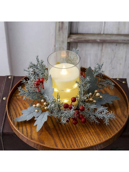 Christmas Candle Ring Holder with Red Flowers, Gold Berries & Greenery, Holiday Table Centerpiece