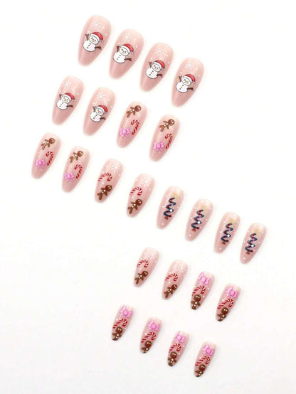 24pcs Almond Christmas Press On Nails, Red Santa Hat Short False Nails, Holiday Nail Set For Women, Office, Date, Party & Everyday Wear