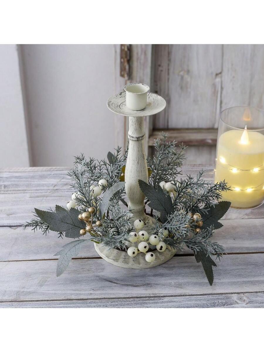 Christmas Candle Ring Holder with Red Flowers, Gold Berries & Greenery, Holiday Table Centerpiece