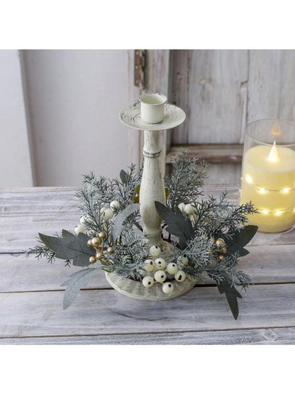Christmas Candle Ring Holder with Red Flowers, Gold Berries & Greenery, Holiday Table Centerpiece