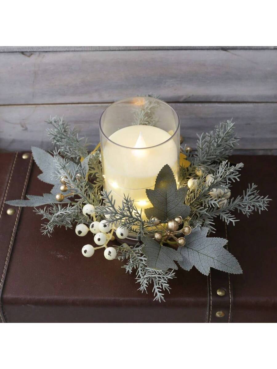 Christmas Candle Ring Holder with Red Flowers, Gold Berries & Greenery, Holiday Table Centerpiece