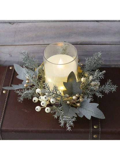 Christmas Candle Ring Holder with Red Flowers, Gold Berries & Greenery, Holiday Table Centerpiece