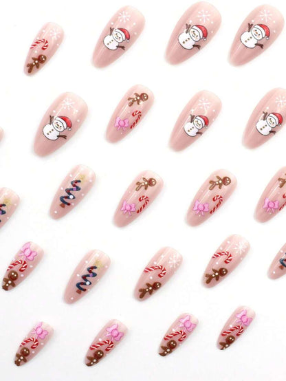 24pcs Almond Christmas Press On Nails, Red Santa Hat Short False Nails, Holiday Nail Set For Women, Office, Date, Party & Everyday Wear