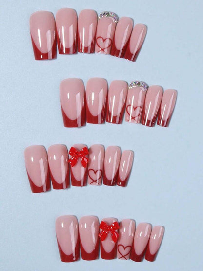 24pcs Long Ballet Christmas Press On Nails, White Snowflakes And Gingerbread Bow Design, 3D Acrylic False Nails For Women Holiday Gift