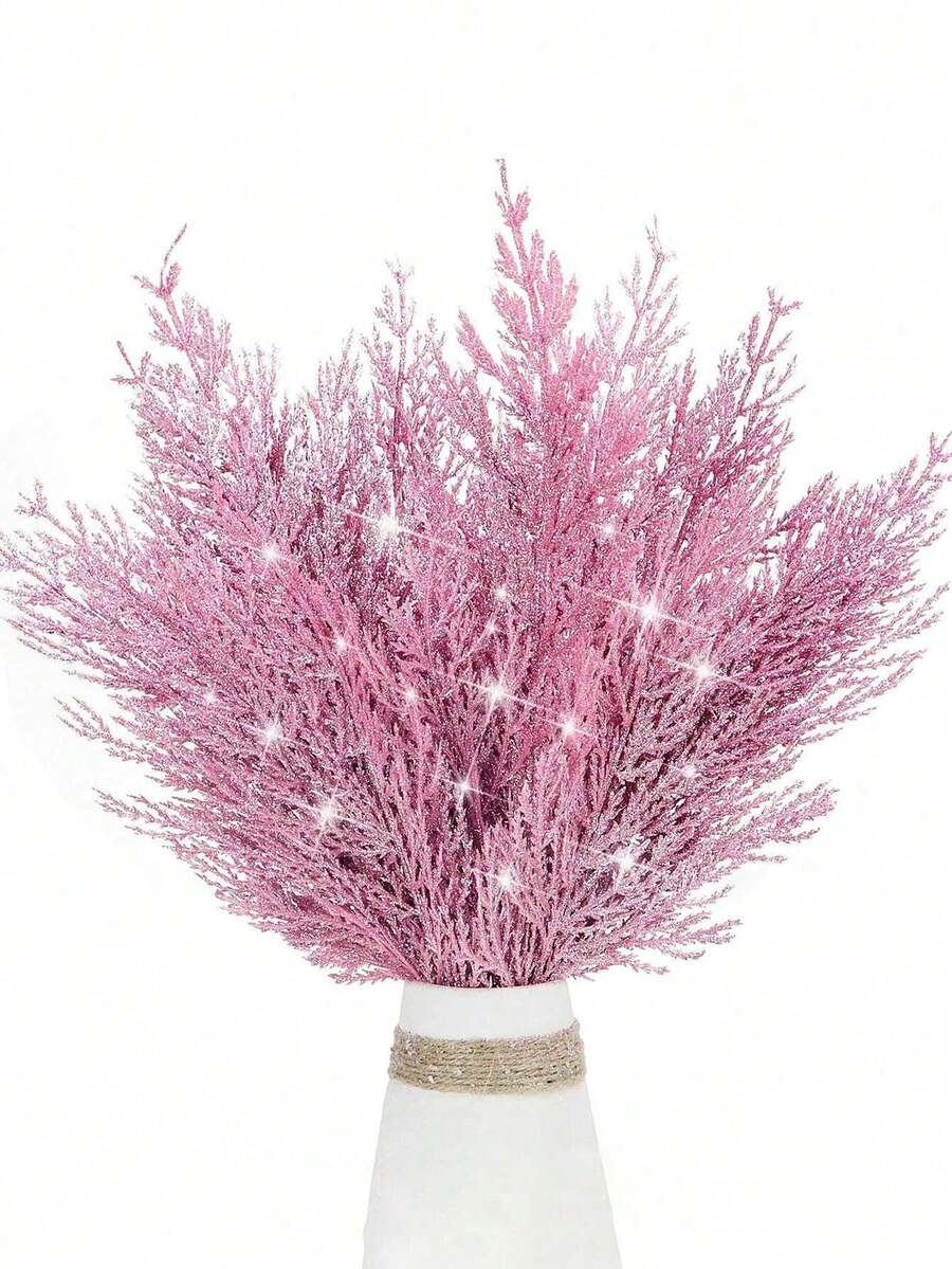 20pcs Glitter Cedar Pine Needles with Sequins, Artificial Blue and Pink Leaves for DIY Garlands, Wedding Bouquets, and Winter Holiday Home Decor