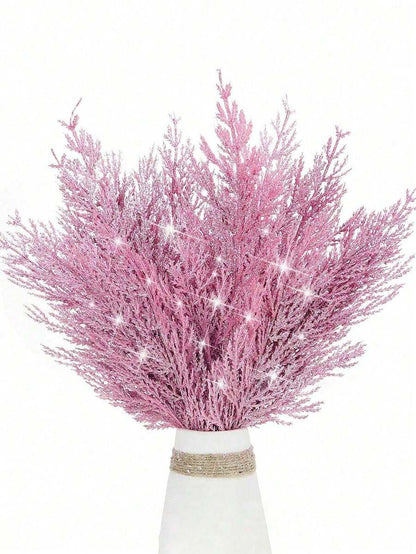 20pcs Glitter Cedar Pine Needles with Sequins, Artificial Blue and Pink Leaves for DIY Garlands, Wedding Bouquets, and Winter Holiday Home Decor