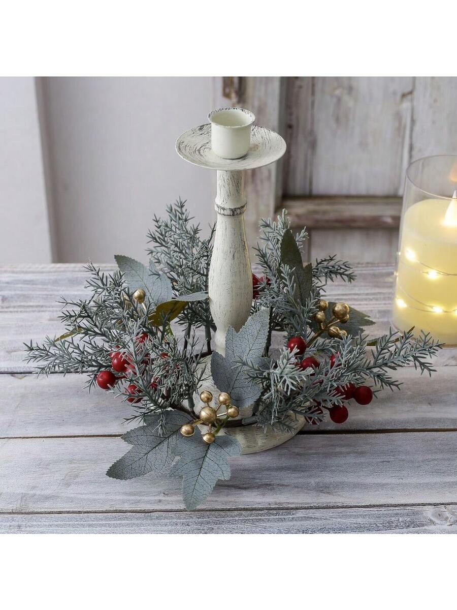 Christmas Candle Ring Holder with Red Flowers, Gold Berries & Greenery, Holiday Table Centerpiece