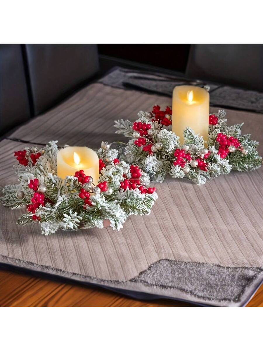 Christmas Candle Ring Holder with Red Flowers, Gold Berries & Greenery, Holiday Table Centerpiece