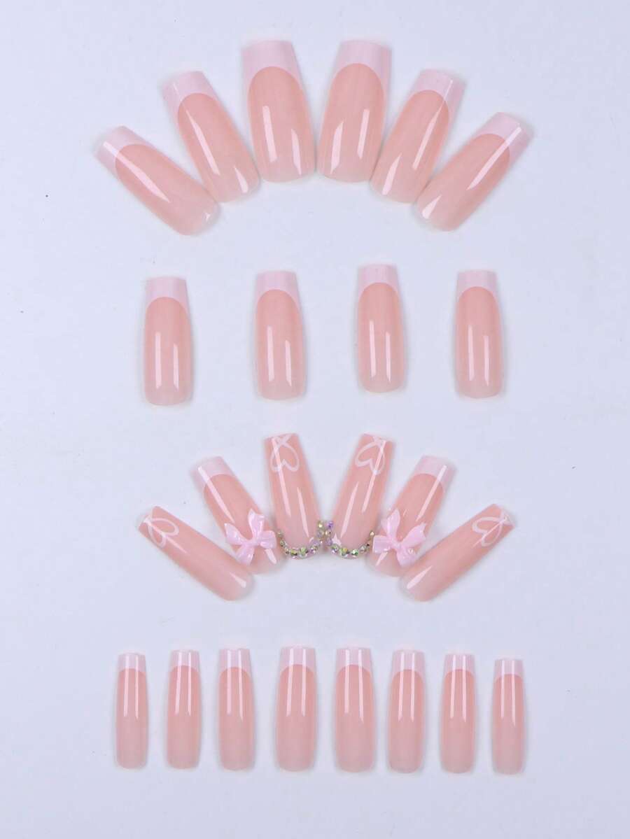 24pcs Long Ballet Christmas Press On Nails, White Snowflakes And Gingerbread Bow Design, 3D Acrylic False Nails For Women Holiday Gift