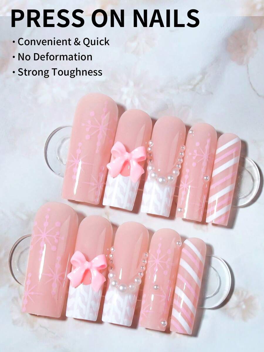24pcs Christmas Press-On Nails, Short Square Snowman Design with Glitter French Tips, Acrylic False Nail Set with Jelly Glue & File for Holiday Wear