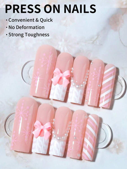24pcs Christmas Press-On Nails, Short Square Snowman Design with Glitter French Tips, Acrylic False Nail Set with Jelly Glue & File for Holiday Wear