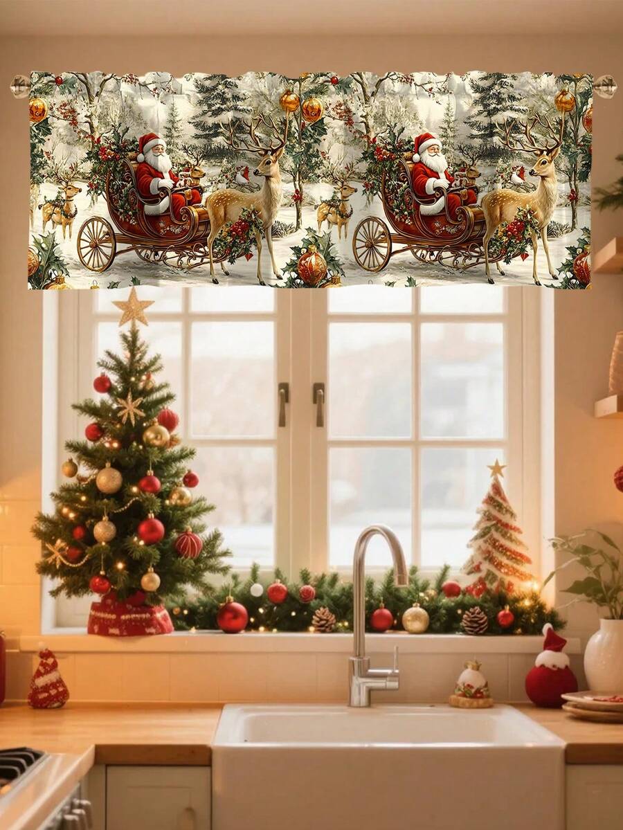 Santa Claus & Snowman Christmas Curtain Valance, 1–2 Piece Polyester Window Decor with Rod Pocket for Kitchen, Living Room or Bedroom