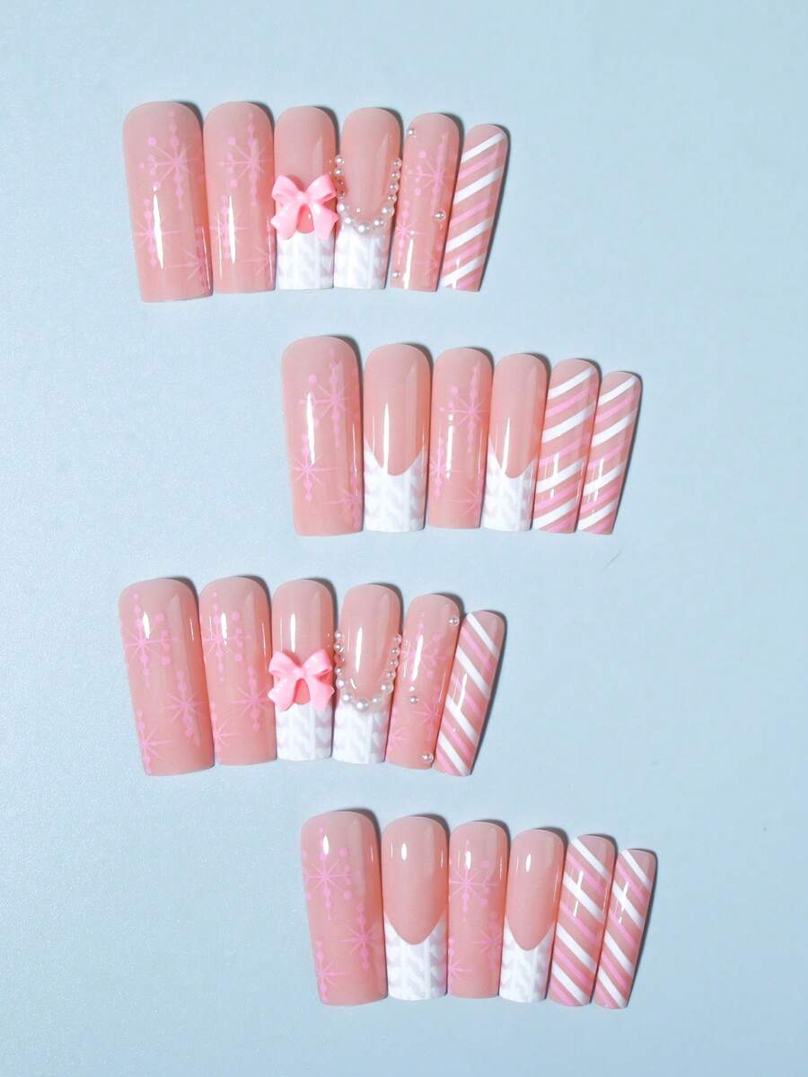 24pcs Christmas Press-On Nails, Short Square Snowman Design with Glitter French Tips, Acrylic False Nail Set with Jelly Glue & File for Holiday Wear