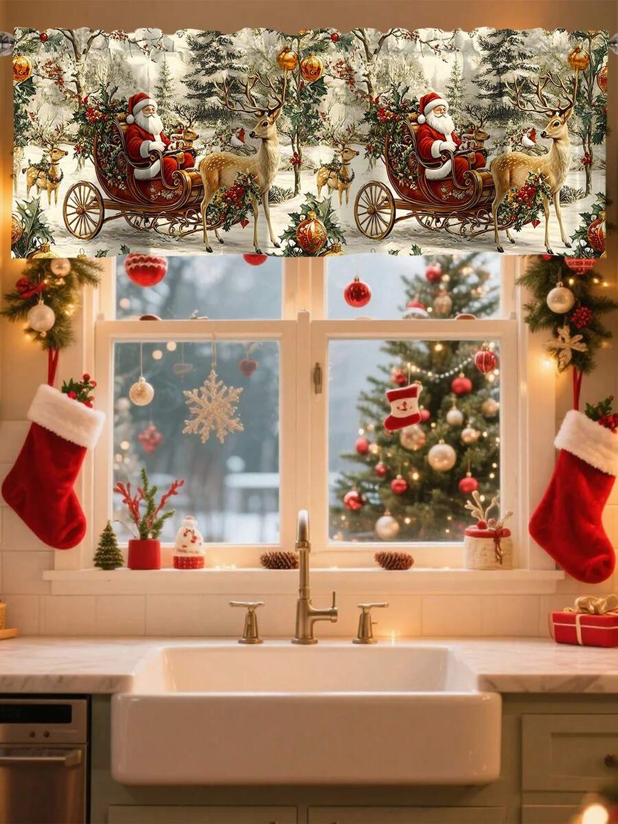 Santa Claus & Snowman Christmas Curtain Valance, 1–2 Piece Polyester Window Decor with Rod Pocket for Kitchen, Living Room or Bedroom