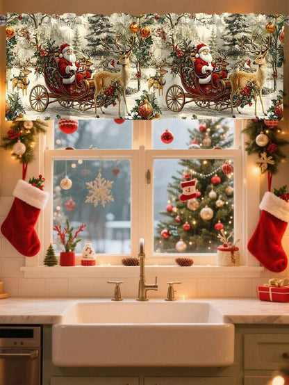 Santa Claus & Snowman Christmas Curtain Valance, 1–2 Piece Polyester Window Decor with Rod Pocket for Kitchen, Living Room or Bedroom
