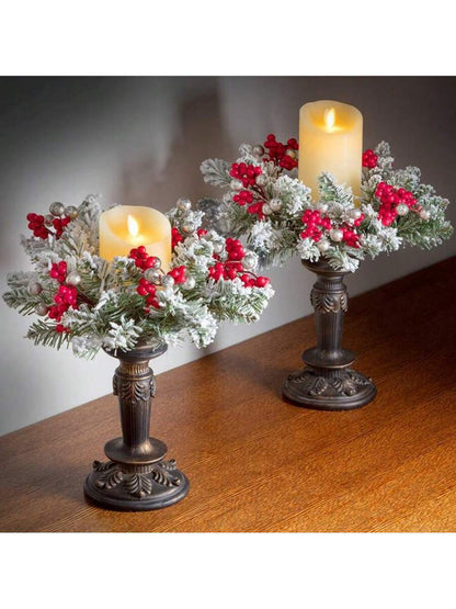 Christmas Candle Ring Holder with Red Flowers, Gold Berries & Greenery, Holiday Table Centerpiece