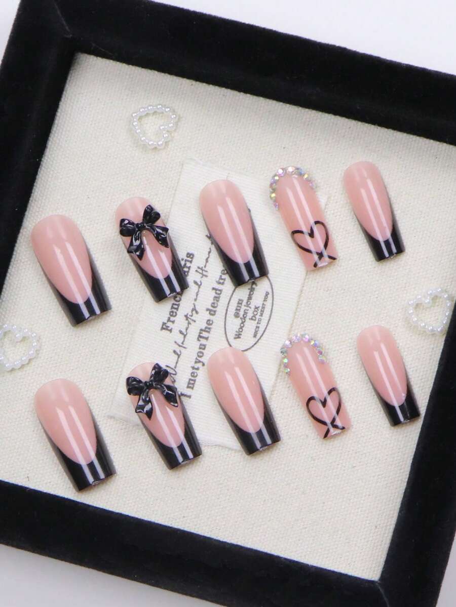 24pcs Long Ballet Christmas Press On Nails, White Snowflakes And Gingerbread Bow Design, 3D Acrylic False Nails For Women Holiday Gift