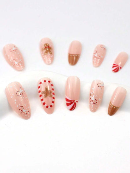 24pcs Almond Christmas Press On Nails, Red Santa Hat Short False Nails, Holiday Nail Set For Women, Office, Date, Party & Everyday Wear