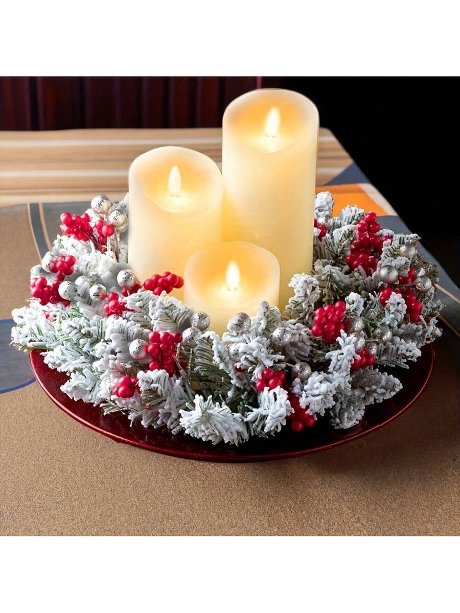 Christmas Candle Ring Holder with Red Flowers, Gold Berries & Greenery, Holiday Table Centerpiece