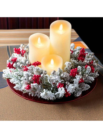 Christmas Candle Ring Holder with Red Flowers, Gold Berries & Greenery, Holiday Table Centerpiece
