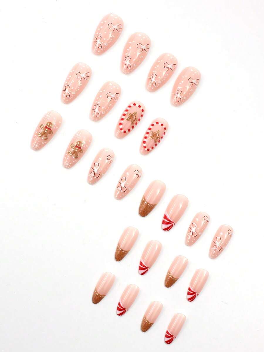 24pcs Almond Christmas Press On Nails, Red Santa Hat Short False Nails, Holiday Nail Set For Women, Office, Date, Party & Everyday Wear