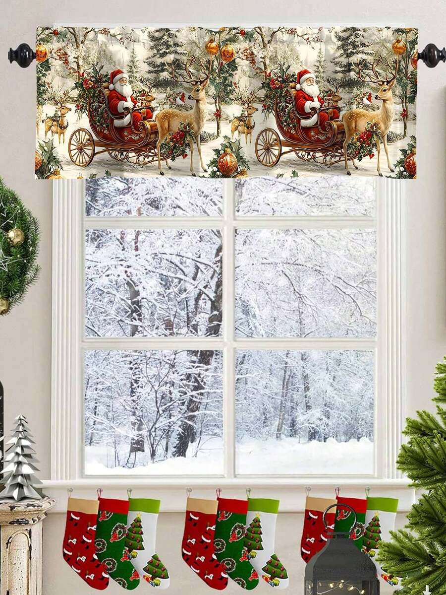 Santa Claus & Snowman Christmas Curtain Valance, 1–2 Piece Polyester Window Decor with Rod Pocket for Kitchen, Living Room or Bedroom