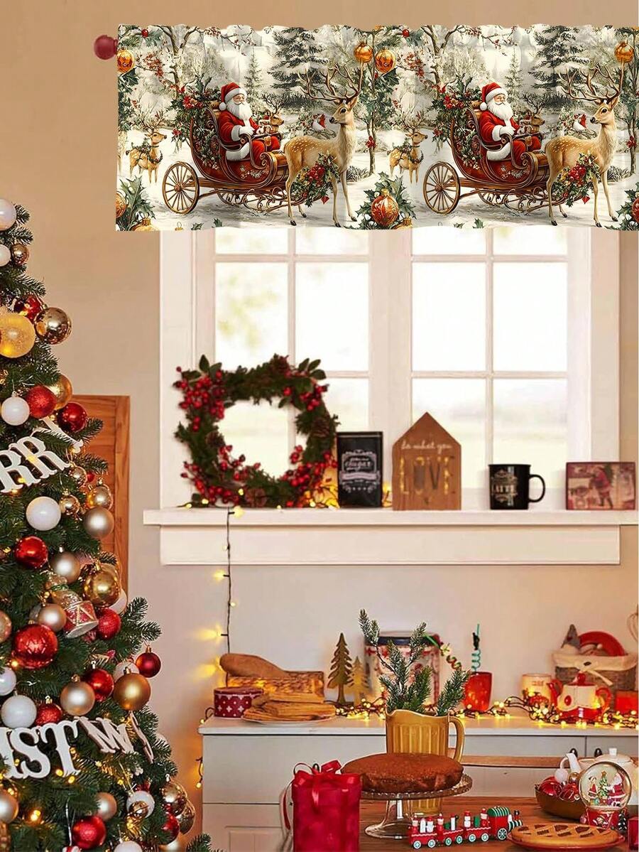 Santa Claus & Snowman Christmas Curtain Valance, 1–2 Piece Polyester Window Decor with Rod Pocket for Kitchen, Living Room or Bedroom