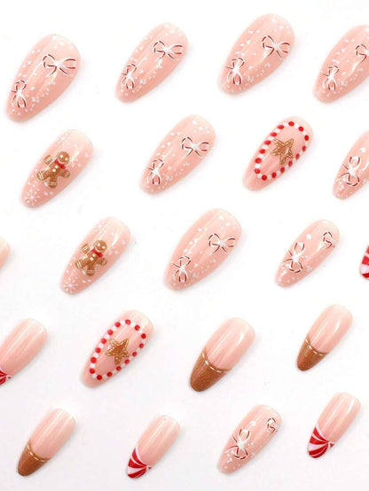 24pcs Almond Christmas Press On Nails, Red Santa Hat Short False Nails, Holiday Nail Set For Women, Office, Date, Party & Everyday Wear