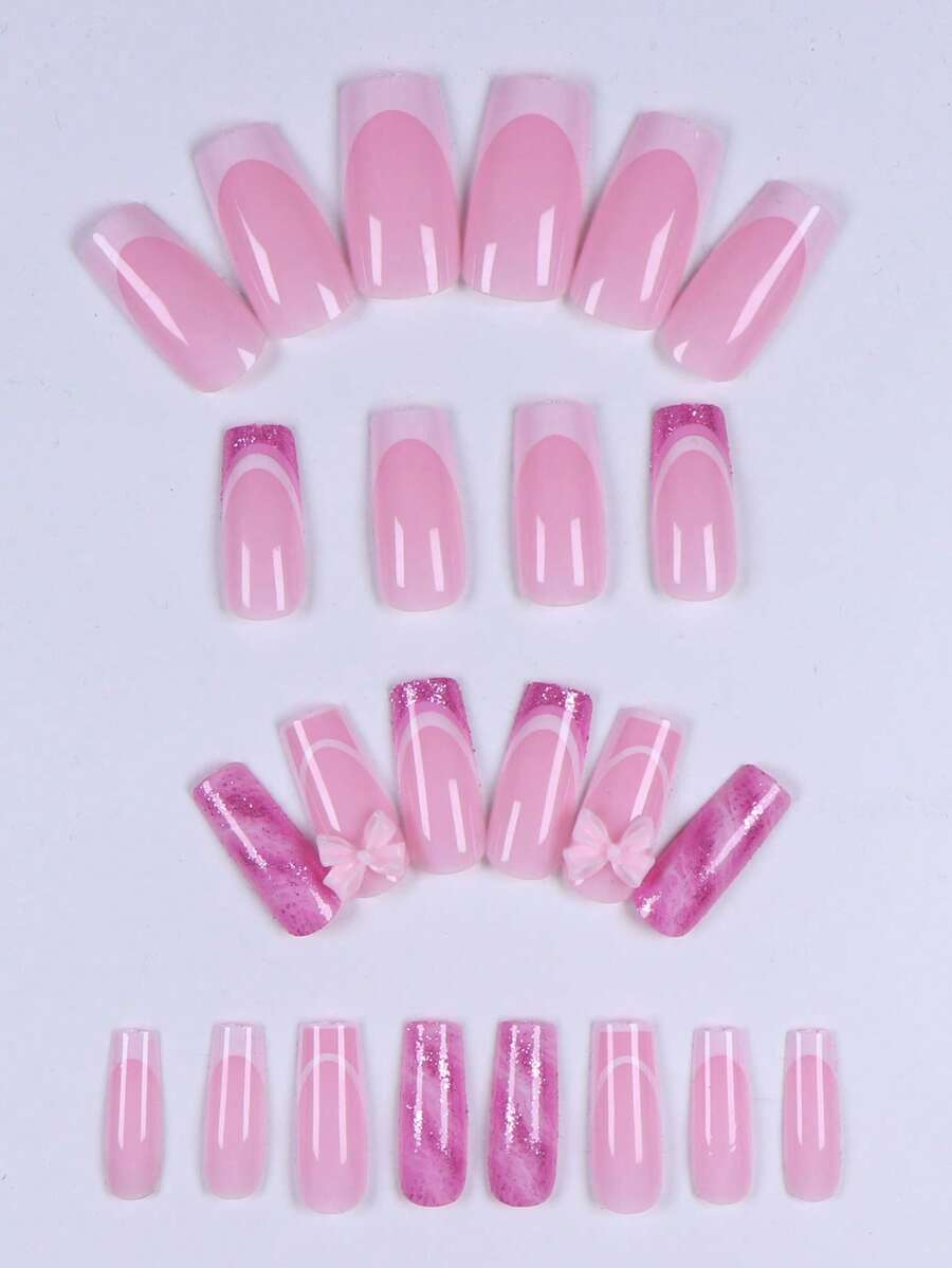 24pcs Long Ballet Christmas Press On Nails, White Snowflakes And Gingerbread Bow Design, 3D Acrylic False Nails For Women Holiday Gift