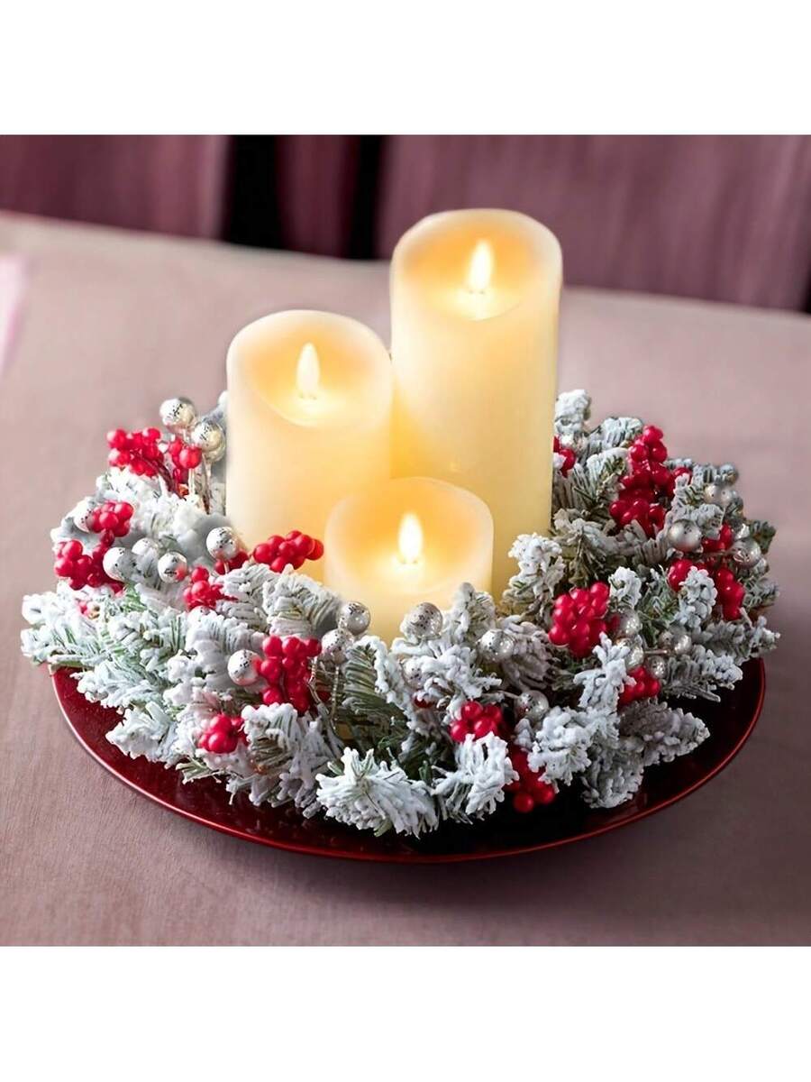 Christmas Candle Ring Holder with Red Flowers, Gold Berries & Greenery, Holiday Table Centerpiece