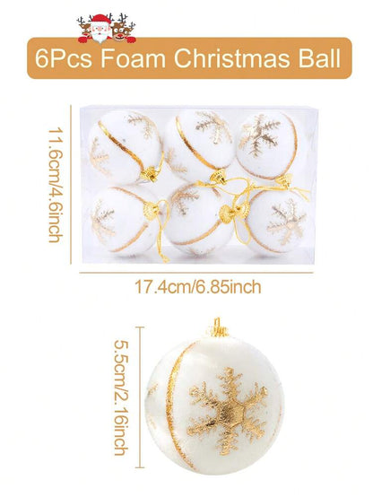 6pcs Christmas Snowball Hanging Ornaments, White and Gold Snowflake Design, Soft Foam Baubles for Christmas Trees, Parties, and Winter Fireplace Decor