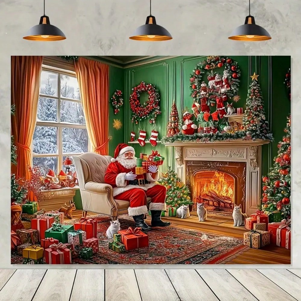 2D Polyester Christmas Party Background Banner, Snow and Ornament Design, Ideal for Homes, Walls, and Holiday Photoshoots
