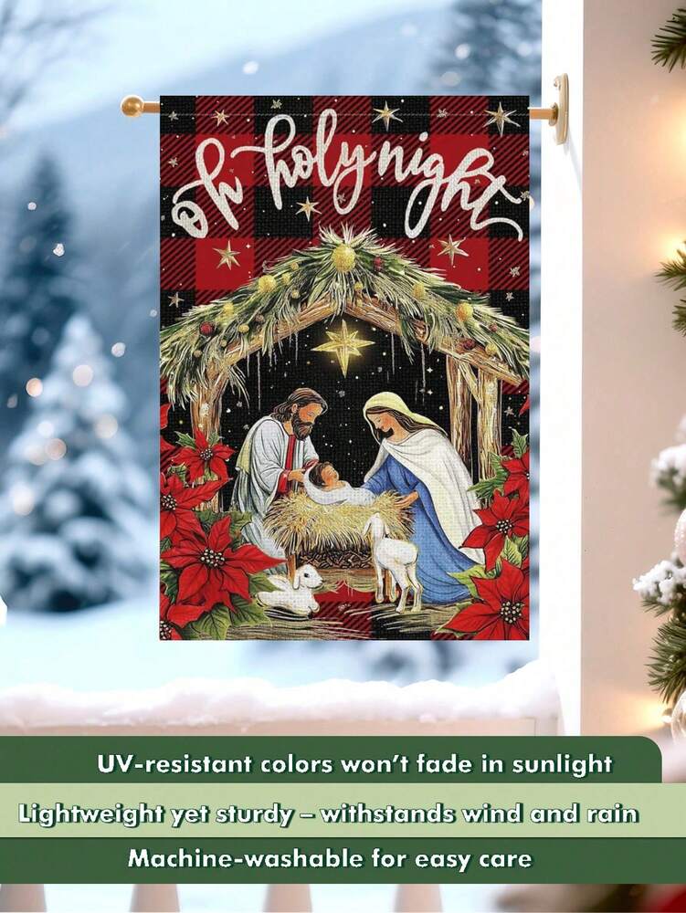 Christmas Night Garden Flag 12x18 inch, Double-Sided Linen Yard Flag with Jesus and Red Plaid Design, Festive Farmhouse Outdoor Winter Decoration