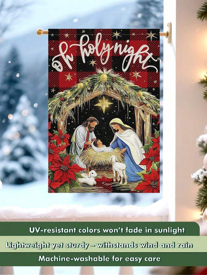 Christmas Night Garden Flag 12x18 inch, Double-Sided Linen Yard Flag with Jesus and Red Plaid Design, Festive Farmhouse Outdoor Winter Decoration