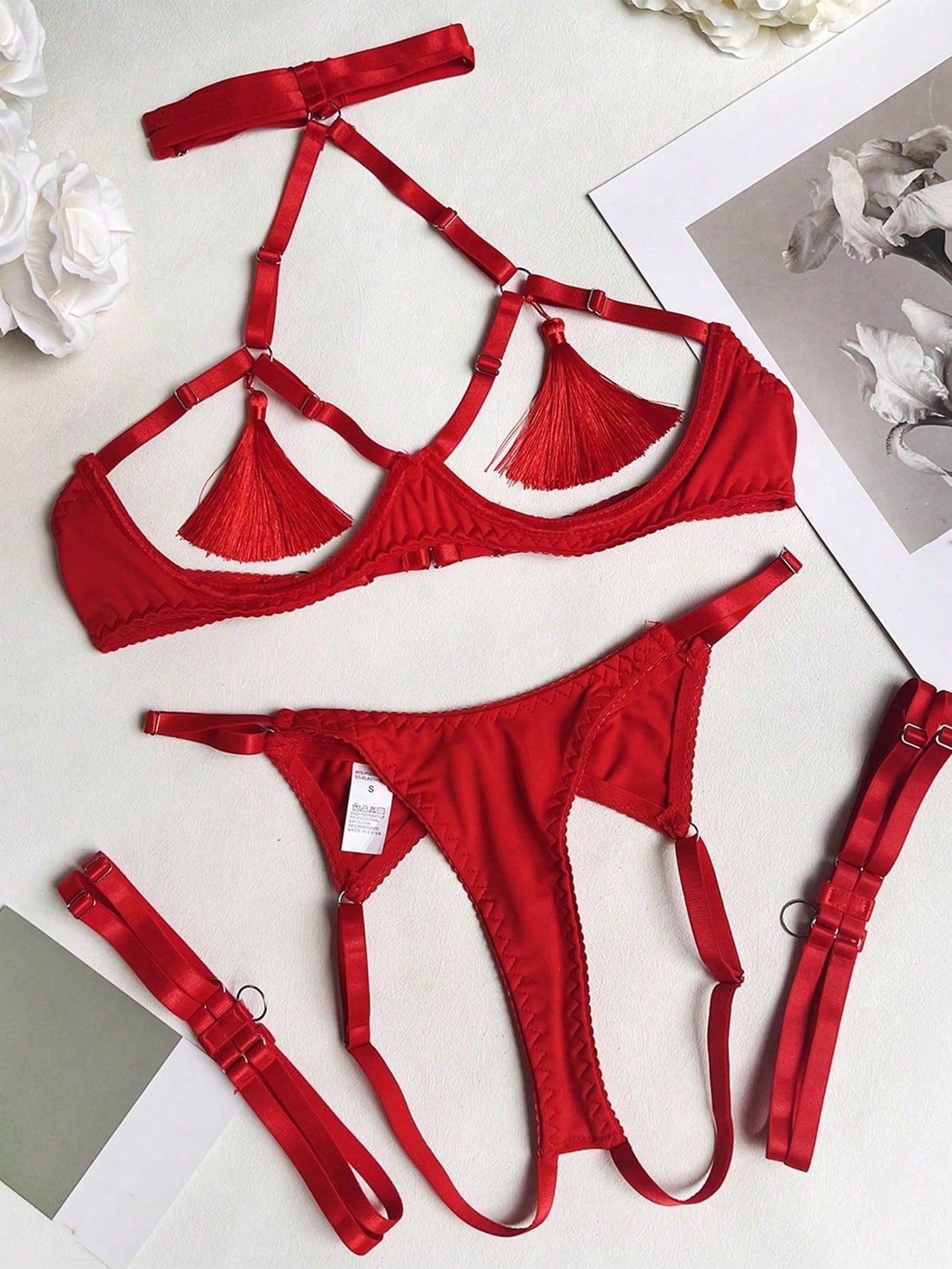 Fringe Satin Exposed Bust Sexy Open Collar Lingerie Set (Excluding Gloves), For Going Out Celebration