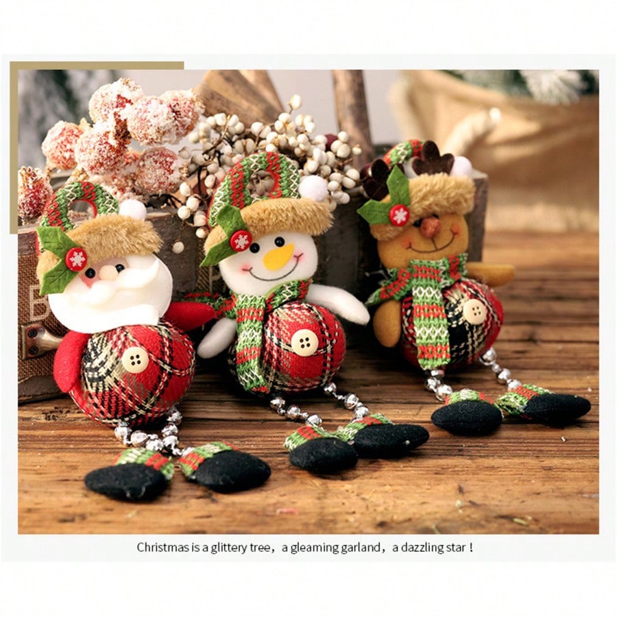 3pcs Felt Christmas Hanging Ornaments, Plaid Bead Leg Pendants with Cute Cartoon Designs, Perfect for Tree, Window, and Home Holiday Decorations