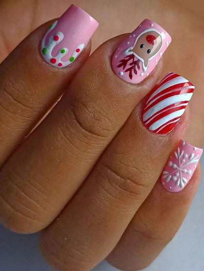 24pcs Short Red Christmas Press On Nails, Snowflake Glitter Design, Blue And Red Winter False Nails For Women, Easy To Apply Nail Supplies