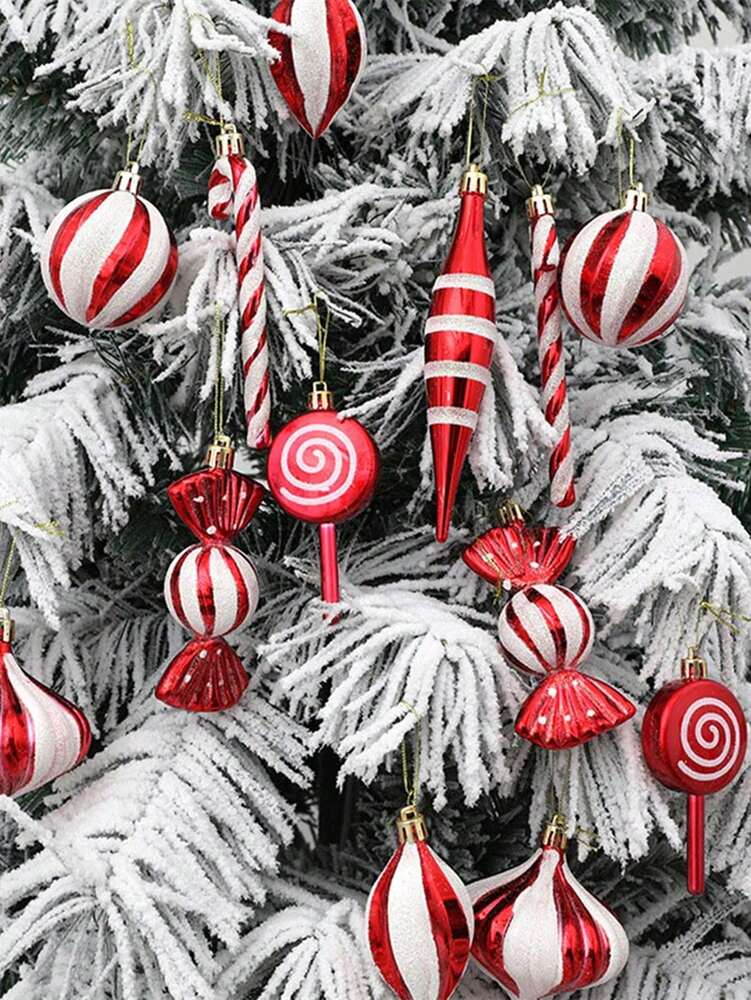 14/24pcs Red Candy Cane Ball Ornaments, Shatterproof Christmas Tree Hanging Decorations, Perfect for Holiday Home Decor and Gift Ideas